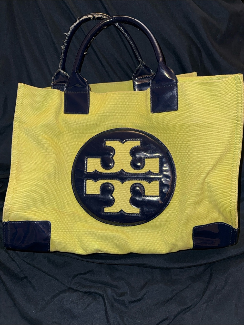 Tory Burch Olive Canvas Tote with Dark Navy Patent Trim